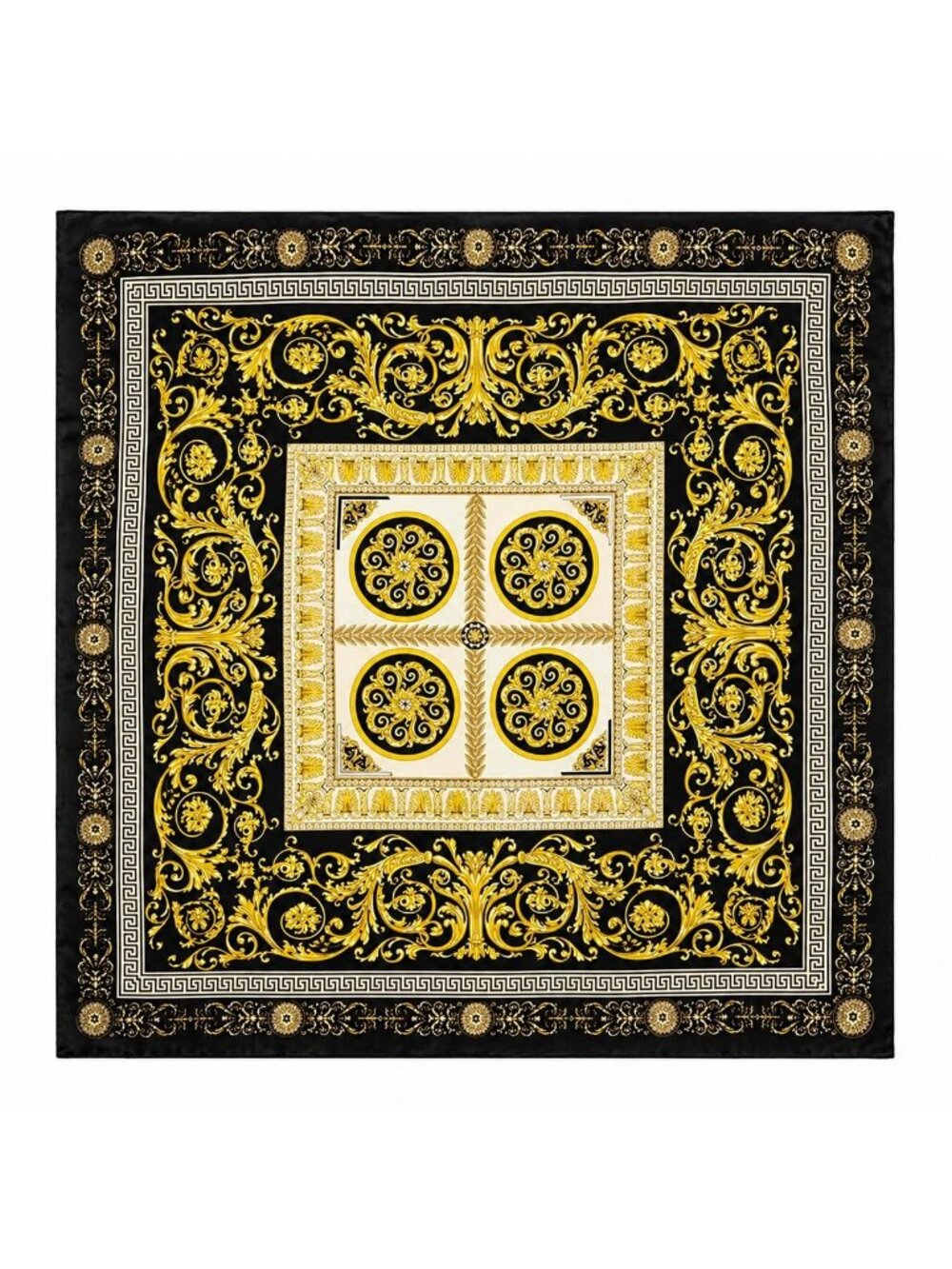 Luxury Gold Baroque Satin Square Scarf for Women – Black & Gold Ornate Chain